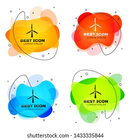 Black Wind turbine icon on white background. Wind generator sign. Windmill silhouette. Windmill for electric power production. Set of liquid color abstract geometric shapes. Vector Illustration