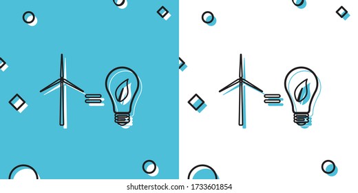 Black Wind turbine and light bulb with leaves as idea of eco-friendly source of energy icon isolated on blue and white background. Random dynamic shapes. Vector Illustration