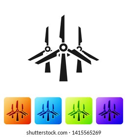 Black Wind turbines icon isolated on white background. Wind generator sign. Windmill silhouette. Windmills for electric power production. Set icon in color square buttons. Vector Illustration
