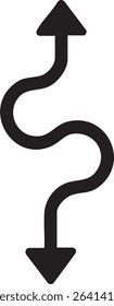A black, winding arrow points both upwards and downwards, suggesting a complex path or journey with twists and turns.