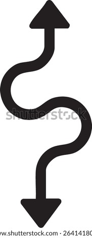A black, winding arrow points both upwards and downwards, suggesting a complex path or journey with twists and turns.