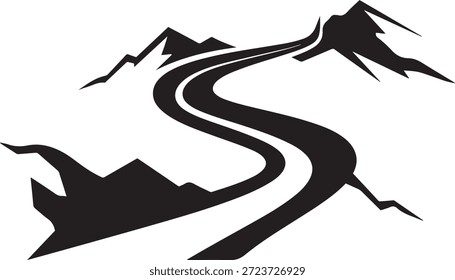 Preto de uma estrada sinuosa através de picos de montanha irregulares e vales caminho jornada