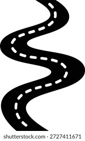Una carretera sinuosa negra con líneas blancas discontinuas se curva a través de un fondo blanco liso. El camino está representado de una manera estilizada y gráfica.