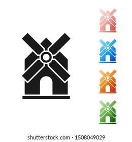 Black Windmill icon isolated on white background. Set icons colorful. Vector Illustration