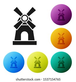 Black Windmill icon isolated on white background. Set icons colorful circle buttons. Vector Illustration