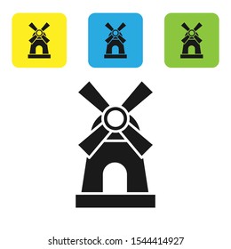 Black Windmill icon isolated on white background. Set of colorful square icon buttons. Vector Illustration