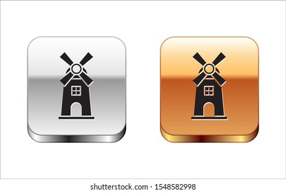 Black Windmill icon isolated on white background. Silver-gold square button. Vector Illustration