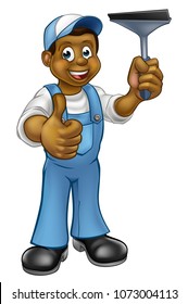 A black window cleaner washer cartoon character holding a squeegee and giving a thumbs up
