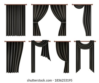 Cortina de ventanas negras y conjunto de simulación de drape, ilustración vectorial aislada en fondo blanco. Cortinas realistas colgantes de tela de seda suave. Decoración moderna.