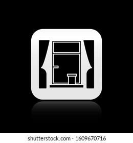 Black Window with curtains in the room icon isolated on black background. Silver square button. Vector Illustration
