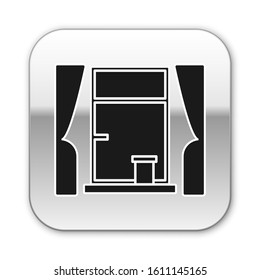Black Window with curtains in the room icon isolated on white background. Silver square button. Vector Illustration
