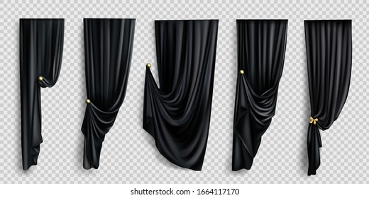 Black window curtains set, folded cloth for interior decoration isolated on transparent background. Soft lightweight clear material, fabric drapery of different forms. Realistic 3d vector illustration