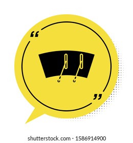 Black Windscreen wiper icon isolated on white background. Yellow speech bubble symbol. Vector Illustration