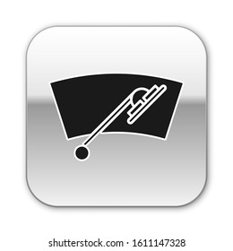 Black Windscreen wiper icon isolated on white background. Silver square button. Vector Illustration