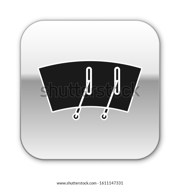 Black Windscreen wiper icon\
isolated on white background. Silver square button. Vector\
Illustration