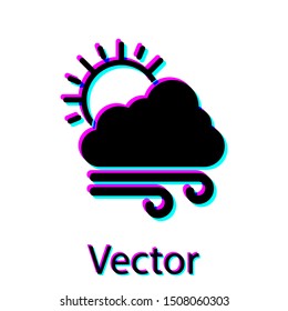 Black Windy weather icon isolated on white background. Cloud with sun and wind.  Vector Illustration