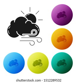 Black Windy weather icon isolated on white background. Sun with cloud and wind. Set icons colorful circle buttons. Vector Illustration