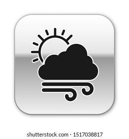 Black Windy weather icon isolated on white background. Cloud with sun and wind. Silver square button. Vector Illustration