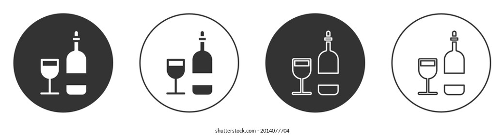 Black Wine bottle with glass icon isolated on white background. Circle button. Vector Illustration