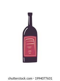 botella de vino negro con etiqueta roja sobre fondo blanco