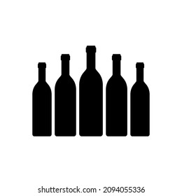 Black wine bottle silhouettes set. Vector illustration, drawing, clipart. Five bottles of wine together. Different sizes. Standing in a row. 