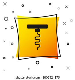 Black Wine corkscrew icon isolated on white background. Yellow square button. Vector.