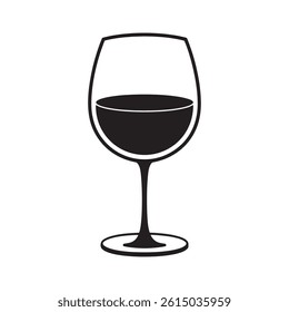 Black Wine Glass Icon with a Rounded Bowl and Slender Stem Representing Elegance, Celebration, and Fine Dining in Hospitality, Editable Vector Illustration isolated on a white background