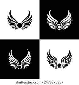 Inspiración de Vector con logotipo Black Wing. Icono de Silhouette Wings. Alas de pájaro, Angel Wings Stencil adorno decorativo. Esbozo de tatuaje negro y símbolo de victoria. Vector Paquete de símbolos aislados.