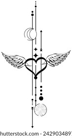 black winged heart lines tattoo ink sticker illustration in vector format