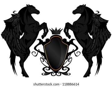 black winged horses with heraldic shield and crown