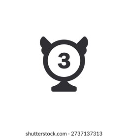Black winged trophy icon with the number 3 in the center. Symbol of third place, ranking, award, or achievement. Suitable for competitions, games, badges, leaderboards, and performance graphics. Game ui