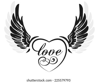 Black wings with heart and sign love, illustration isolated on white