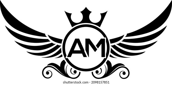 black wings icon, Luxury royal wing Letter AM crest Black color, White background