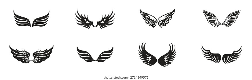 Black wings icon set. Bird wings, angel wings, and feather silhouettes for logo design or art. Stylish set isolated on white background. High quality flat, Set of black wings vector illustration.