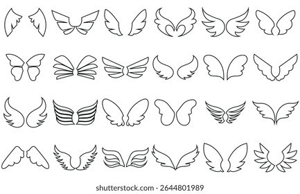 Black wings icons.  Bird , angel wings elements. Editable stroke. Vector illustration.