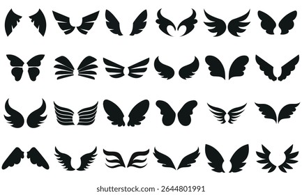 Black wings icons.  Bird , angel wings elements. Editable stroke. Vector illustration.