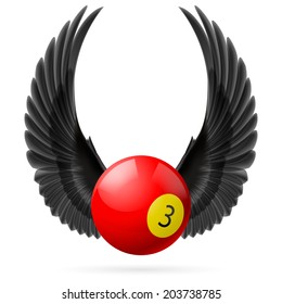 Black wings with  red billiard ball on the white background