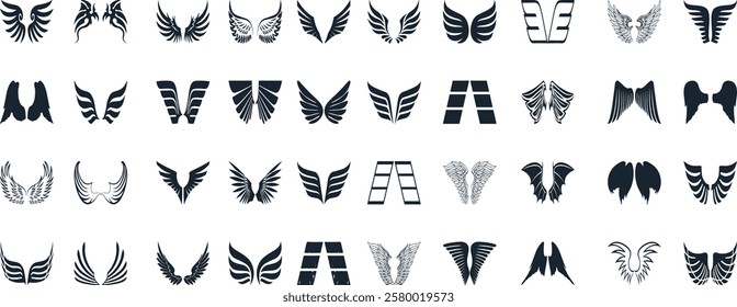 Black wings silhouette vector set, the wings set is ideal for logo, emblem, badge design. Versatile for art, heraldry, animal symbolism. Ranging from simple to intricate feather or scale details