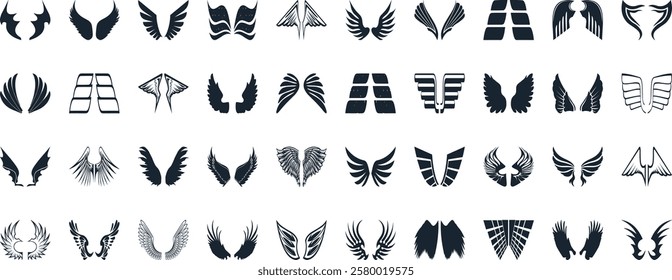 Black wings silhouette vector set, the wings set is ideal for logo, emblem, badge design. Versatile for art, heraldry, animal symbolism. Ranging from simple to intricate feather or scale details