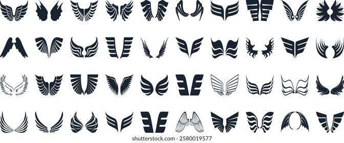 Black wings silhouette vector set, the wings set is ideal for logo, emblem, badge design. Versatile for art, heraldry, animal symbolism. Ranging from simple to intricate feather or scale details