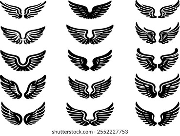 Black Wings Symbol Icons, Winged Badge Icons Set, Vector Black Wings Set, Black Wings Emblem Icons, Wings Badge Vector Collection