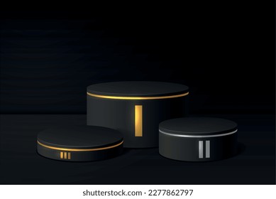Black winners podium on black background. Stage for awards ceremony. Pedestal realistic vector illustration.