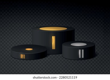 Black winners podium with red numbers. Pedestal realistic vector illustration.
