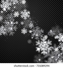 Fondo negro de invierno con copos de nieve borrosos. Ilustración vectorial.