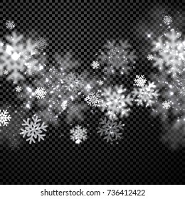 Schwarzer Winterhintergrund mit unscharfen Schneeflocken. Vektorgrafik.