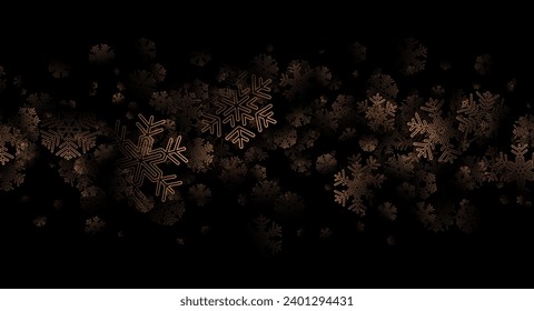 Black winter background with detailed transparent golden snowflakes. Christmas and happy new year banner. Vector Illustration.