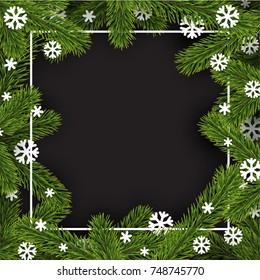 Black winter background with fir branches and white snowflakes. Vector illustration.