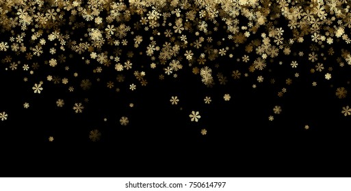 Black winter background with golden snowflakes pattern. Vector illustration.