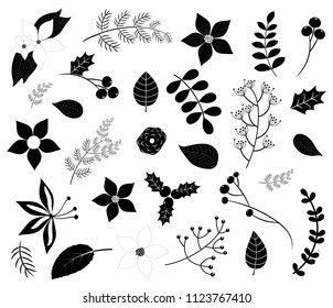 Black winter foliage silhouettes with flowers, leaves, branches and berries isolated on white