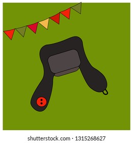 Black winter fur cap - hat with a red button. Elements of warm clothing. Accessories Folk costume. Educational cards or greeting cards